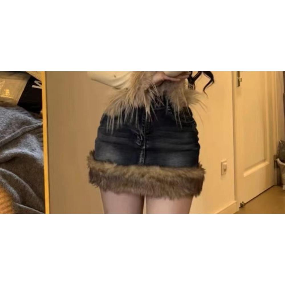 

Сладкая и острая ретро пушистая джинсовая мини-юбка атмосфера сладкая и острая мини-джинсовая юбка красивая мода зимняя юбка XL