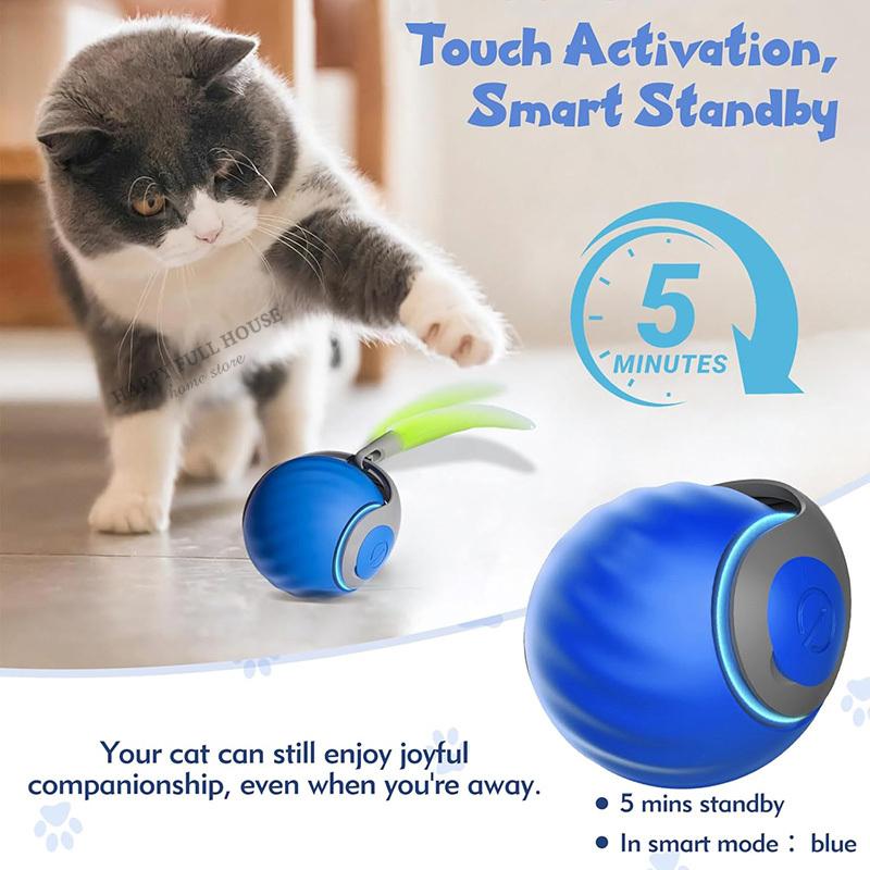 Interactive Cat Toy Balls, Automatic Toys for Cat with Replacement Tail, 2 Adjustable Modes, USB-Rechargeable Indoor Kitten Toy