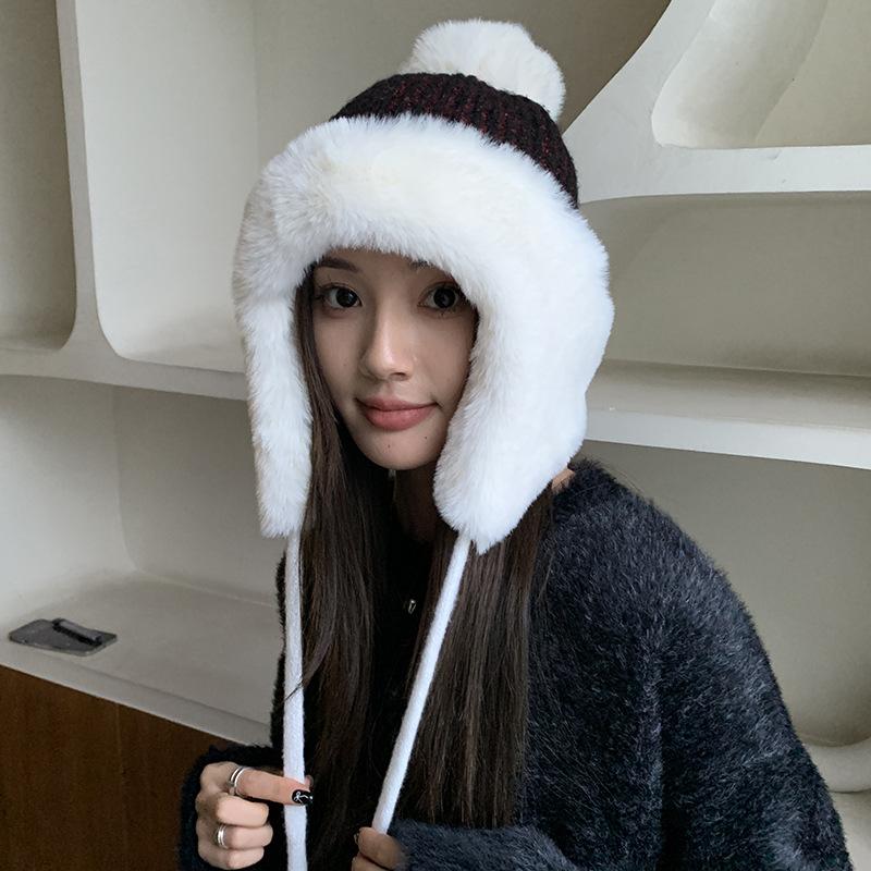 

Winter Cute Plush Hat Outdoor Thickened Cold-proof Ski Knitted Wool Hat Fashion Strap Ear Protection Warm Hat