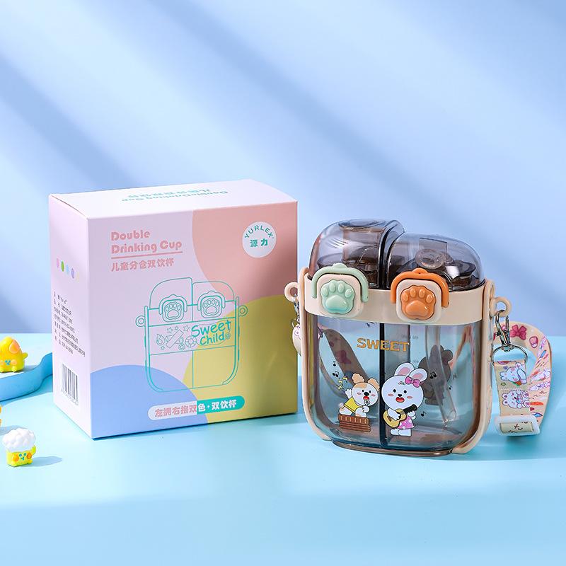 Children's Double-drinking Water Cup with Separate Compartments, Plastic Cartoon Straw Cup, Student Portable Hanging Rope Water Bottle
