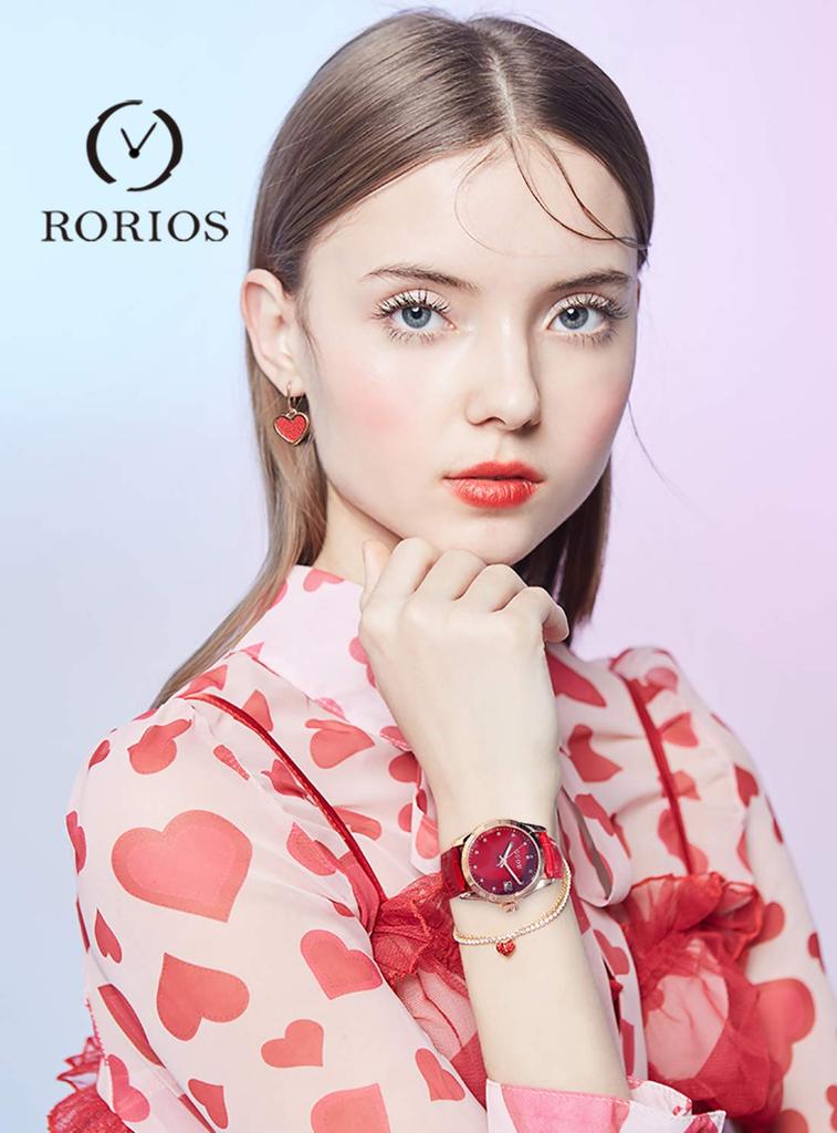 RORIOS Women's Crystal Sparkling Watch, Elegant and Cute, Waterproof Quartz Movement with Analog Display, Strap Type, Genuine Leather, Red
