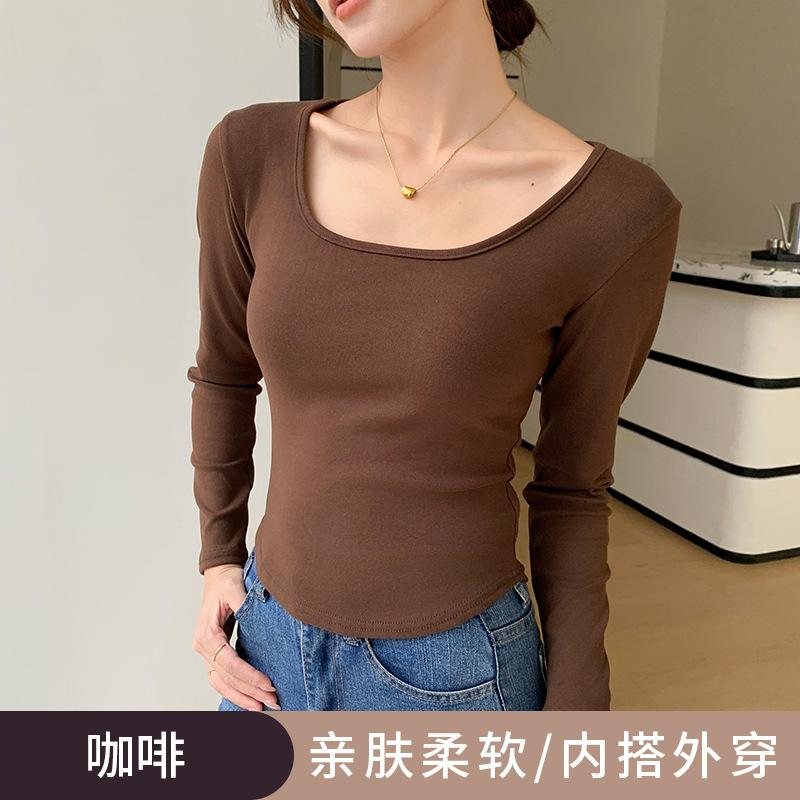 

1 футболка с квадратным вырезом на плечах и длинными рукавами, женская новая осенне-зимняя белая внутренняя футболка из немецкого бархата, облегающий короткий топ XL fits 125-70kg кофейный