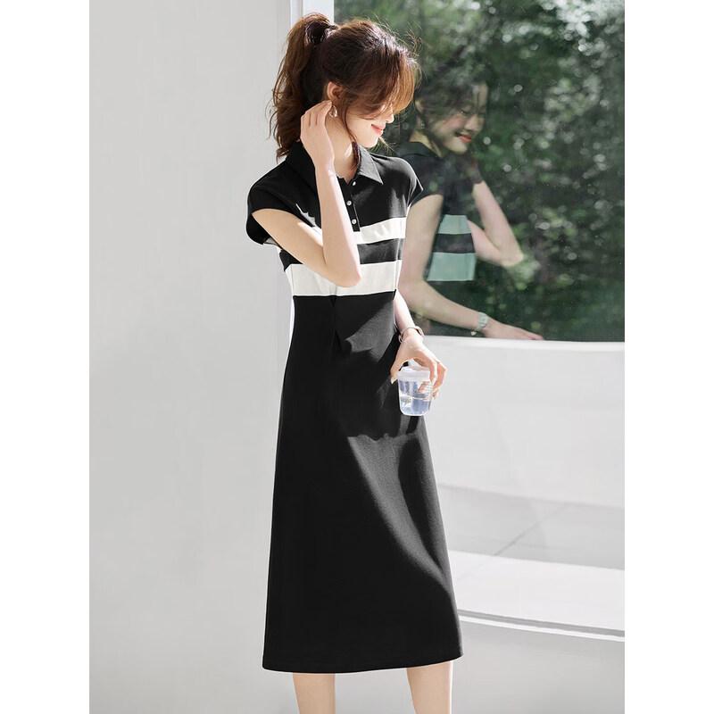 Women s Contrast Patchwork Polo Neck Shirred Dress S чёрный