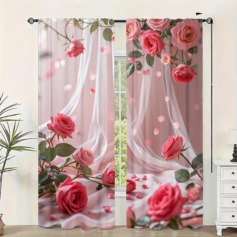 2 Pcs Pink Rose Print Curtains,suitable for Bedroom,living Room Kitchen Decoration,home Decoration,window Decor