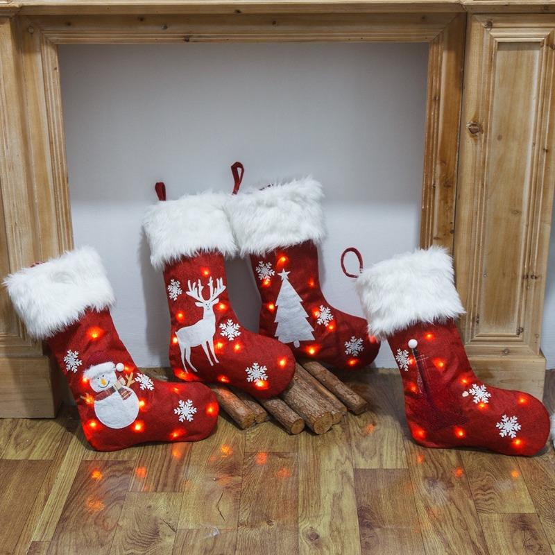 1pcs New Christmas Decorations with Lights Red Hemp Embroidered Christmas Socks, Gift Bags, Luminous Christmas Socks Lights