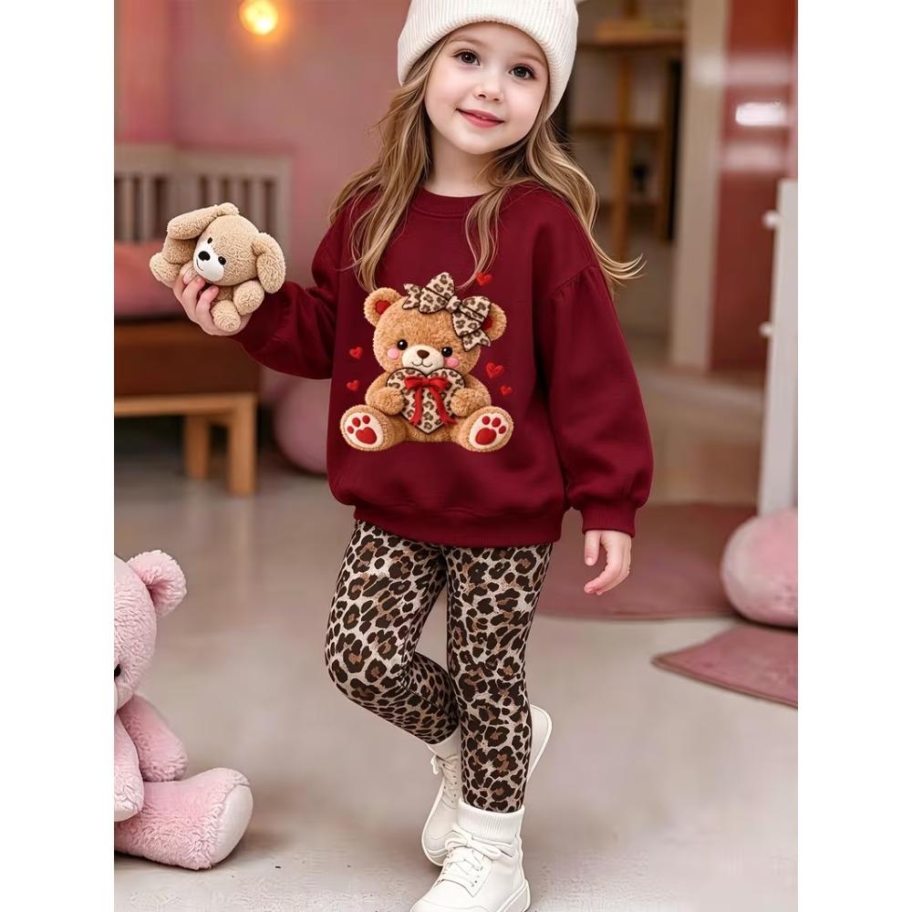 Girls' Bow Bear Casual Comfortable Soft Loose Pullover Sweatshirt and Leggings 2-Piece Set, New Autumn/Winter, Playful, Sweet and Cool Style