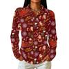 Women's Christmas Print Long Sleeve Button Down Casual Top with Collar and Side Slits