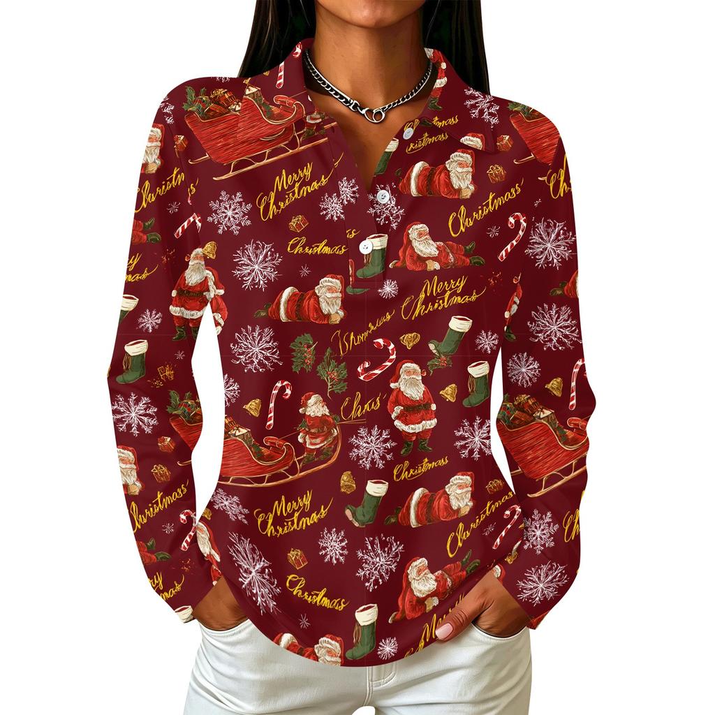 Women's Christmas Print Long Sleeve Button Down Casual Top with Collar and Side Slits