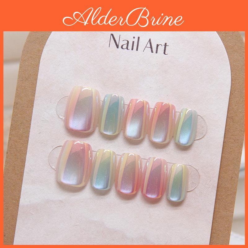 10pcs Candy Color Rainbow Short Gradient Cats Eye False Nails Square Head Girl Lady Press On Nail Wearable Detachable Nail Tips