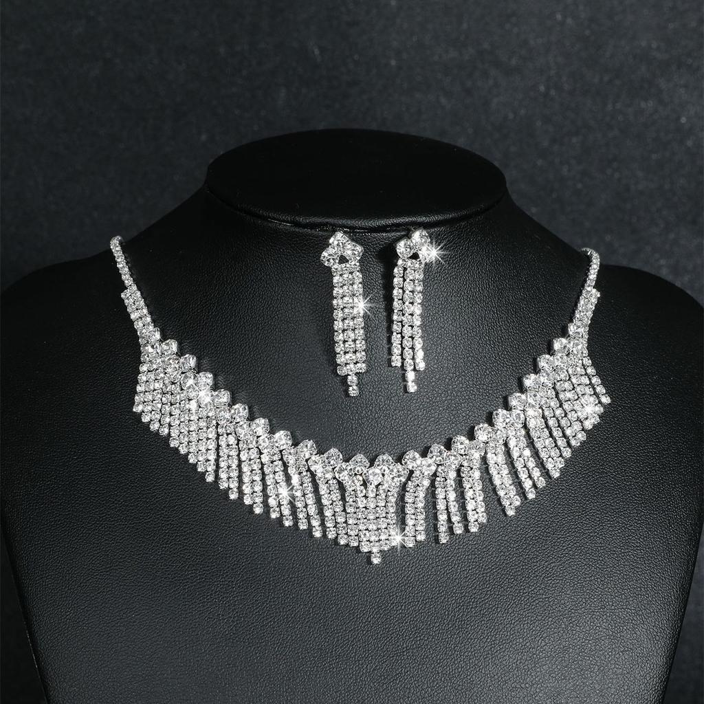 Premium Luxury Super Flash Rhinestone Necklace Earrings Set Chain Bridal Jewelry Two-piece Wedding Accessories