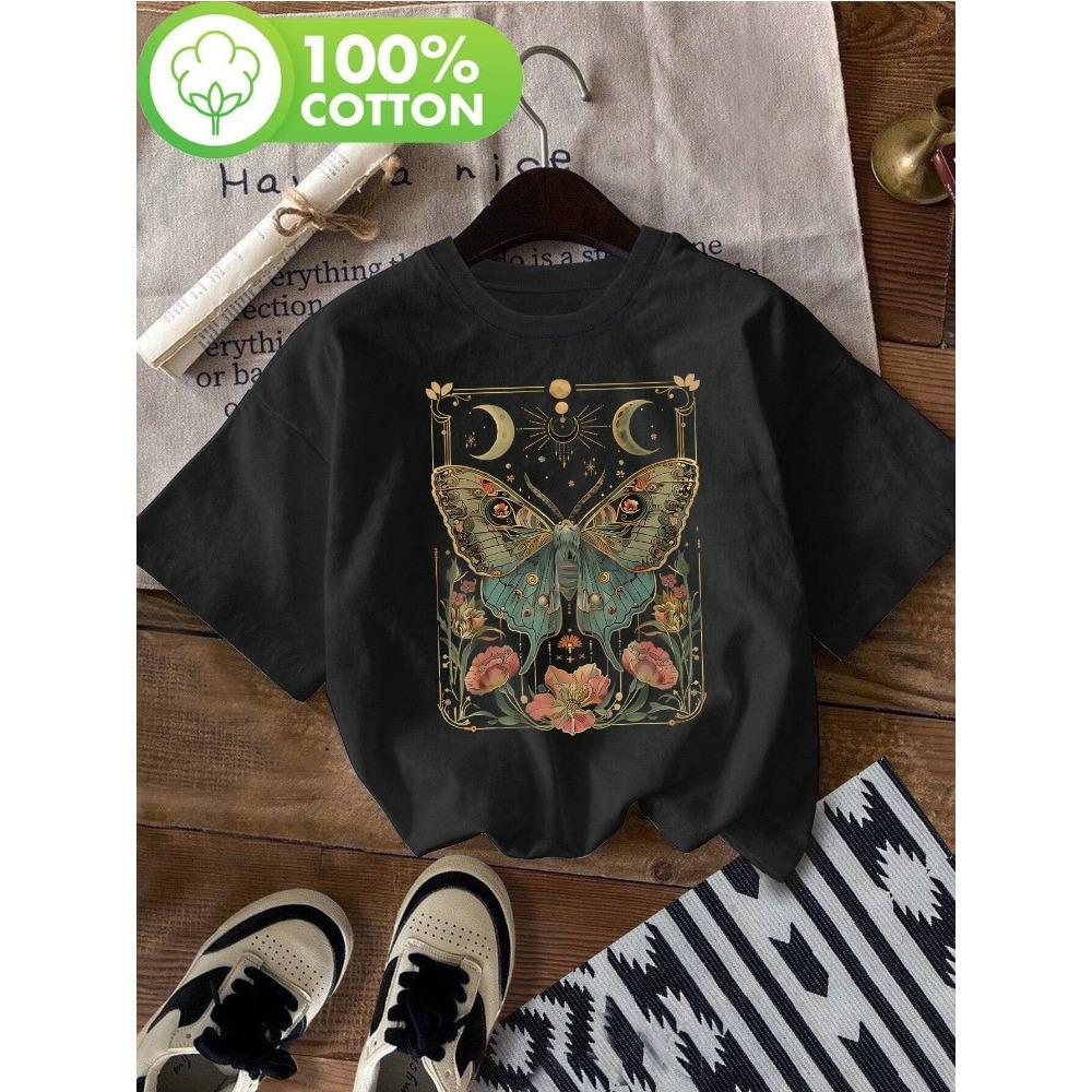 Ladies' Country Style Gothic Butterfly and Plant Print T-shirt Round Neck Short Sleeved Top Crescent and Floral Design Shirt