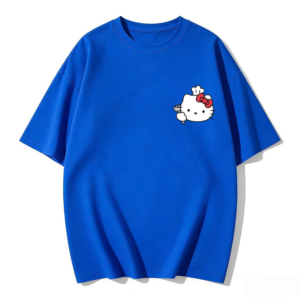Womens 2026 New Hello Kitty Cartoon Printed Pure Cotton Womens Short Sleeved Tshirt Casual Trend Round Neck Womens Tshirt