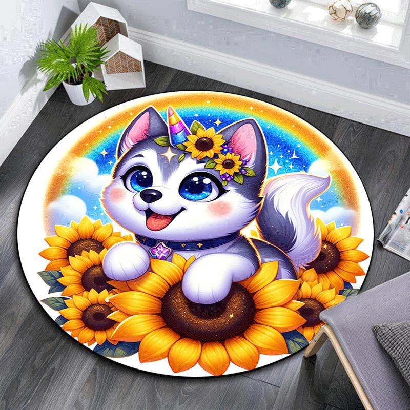 

1pc Soft, Absorbent & Non Slip Sunflower and the Wolf Round Rug Soft Circle Rug for Living Room & Bedroom Decor, Chair Mats, and Unforgettab 80cm by 80cm