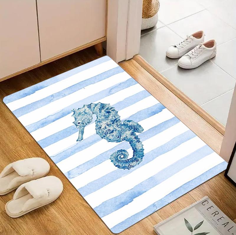 

Coastal Area Rug Door Mat Timeless Carpet Floor Mat Red White Stripe Sea Creature Print for Entryway Washable Non-Slip Nordic 40x60CM