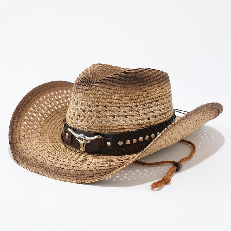 Spray painted denim straw hat, new western summer men's and women's sun hat, jazz hat, sun protection hat, big-brimmed ox head straw hat
