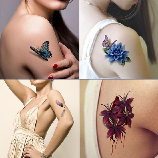2 Pcs 3D Body Art DIY Stickers Temporary Tattoo Butterfly Flower Feather Sticker