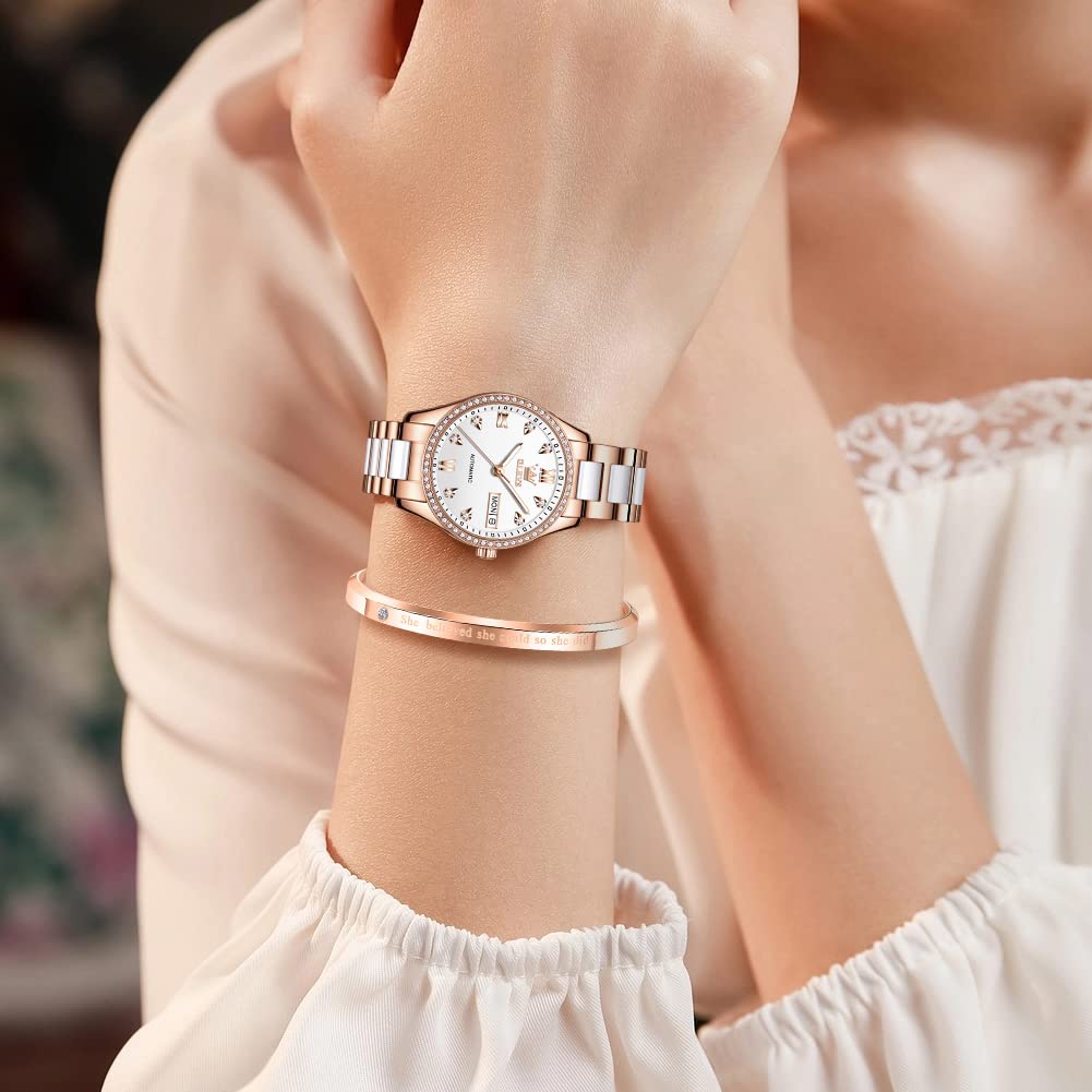 OLEVS Popular and Waterproof Mechanical Watch with Date Luminous and Ceramic White Women's Wristwatch, Stylish, Display, Dial, Bracelet,