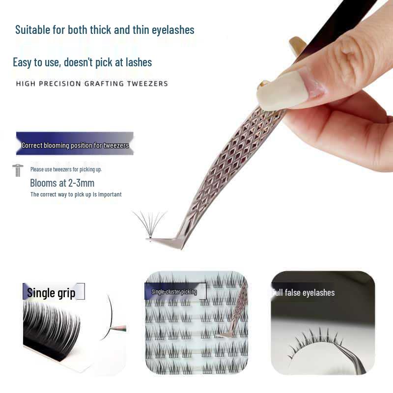 High Precision Diamond Pattern Eyelash Tweezers with Stainless Steel Fiber Tip