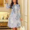 Women Long Sleeve Round Neck Midi Dress Boho Batik Gradient Tie Dye Wave Print Flared Casual Dress
