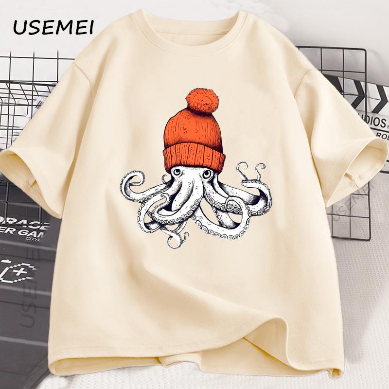 Octopus Orange Beanie Cotton T-shirt Japanese Style Graphic Tees Casual Cotton Short Sleeve Round Neck Tshirts Unisex Clothes