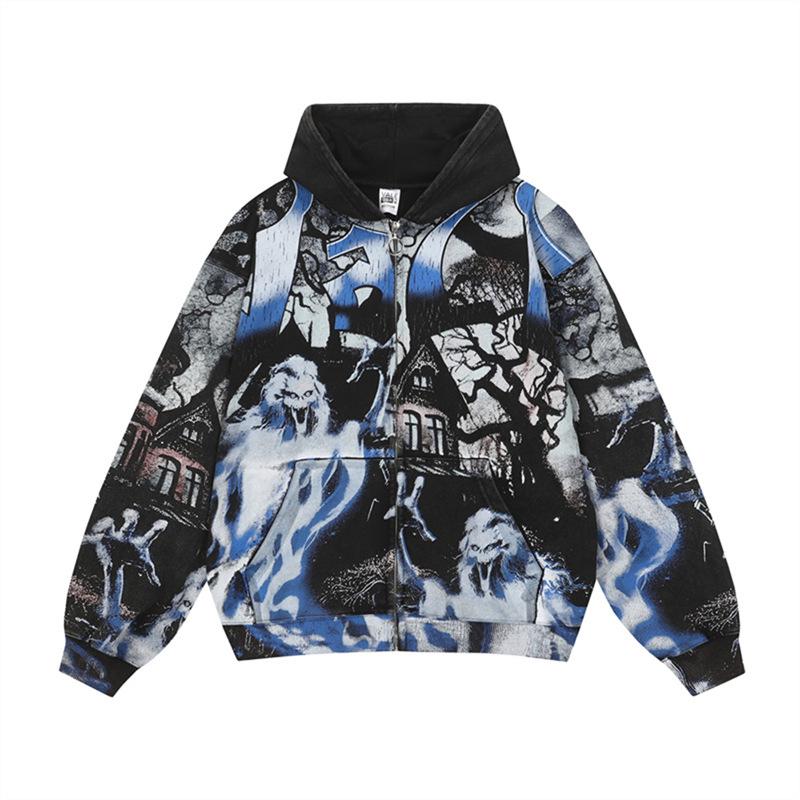 Unisex Retro Distressed Zipper Hoodie - Trendy High Street Hip Hop Style S