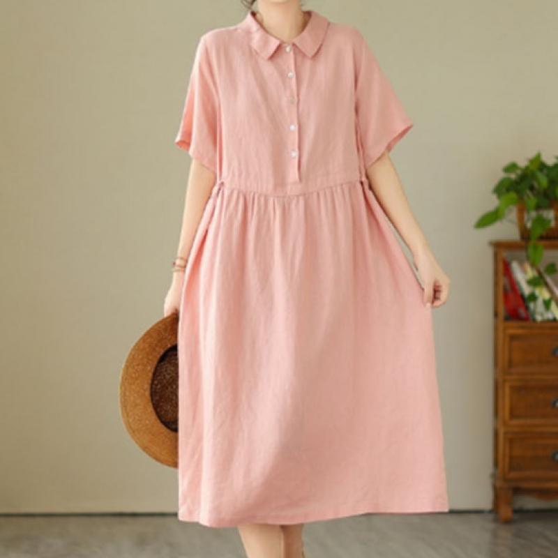 Shop Women Collar Neck Loose Fit Linen Vacation Long Dress Won Wdr Wf5e8d3