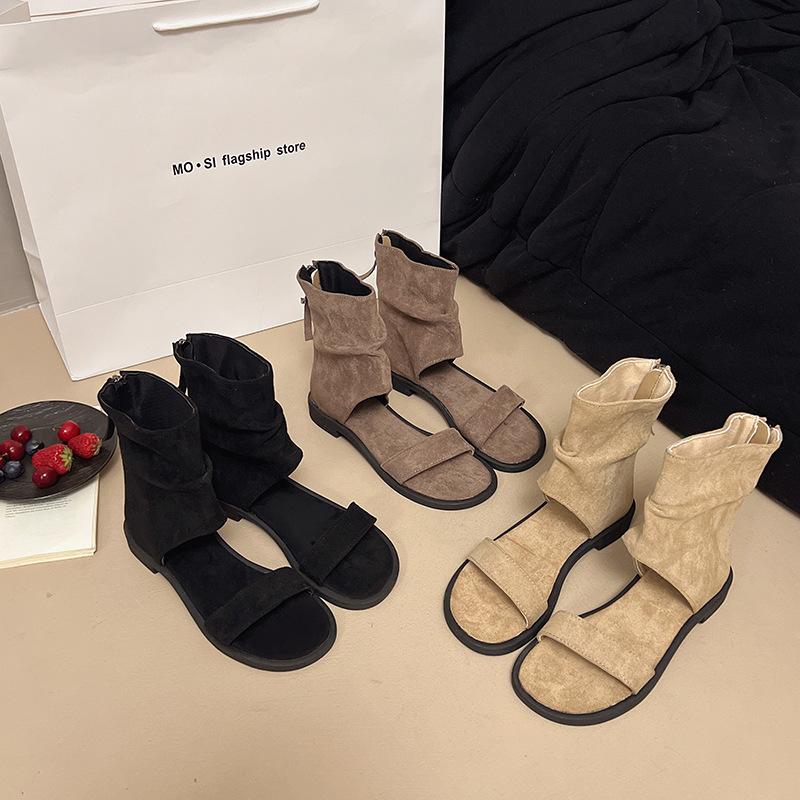 Suede round head cool boots open-toed black simple cool boots women's 2025 summer new models