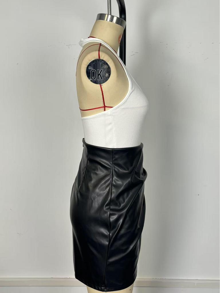Women's PU Leather High-Waisted Ruched Mini Skirt with Irregular Slit