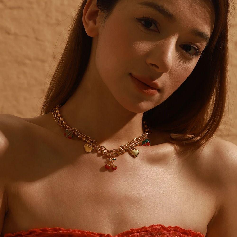 Loveheart Cherry Bracelet Retro European Style Love Chain Choker Strawberry Necklace  Travel