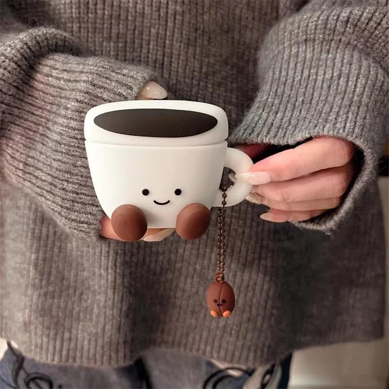 Earphone Case For Airpods 4 3 2 1 Cartoon Cute 3D Smiling Face Coffee Cup Soft -drop Cover Silicone Headphone Accessories