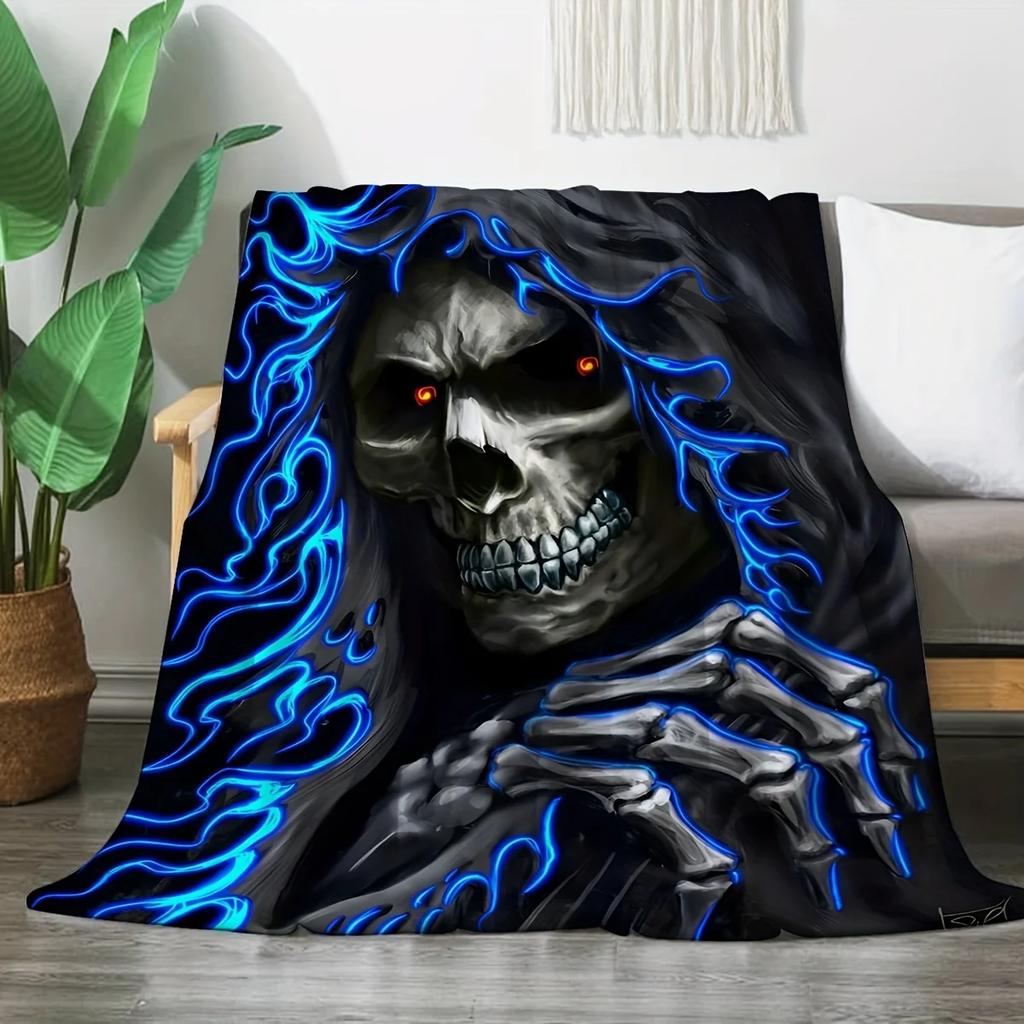 1pc Flannel Creative Skull Print Blanket Comfortable And Soft Throw For Gift all Seasons Blankets Nap Sofa Blanket For Halloween