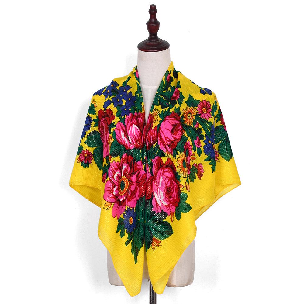 110*110Cm Golden Silvery Wire Russian Square Scarf Women Luxury Floral Print Handkerchief Ethnic Shawl Babushka Bandana Scarves