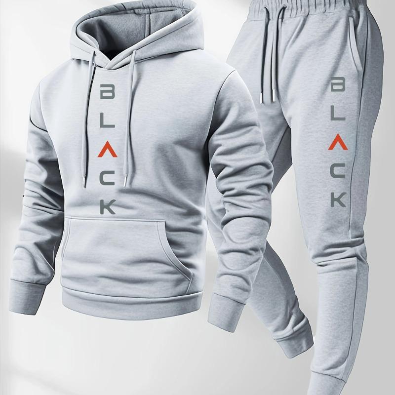 Men's Casual and Comfortable Set, Fashionable Letter Printed Hooded Sweatshirt and Casual Pants