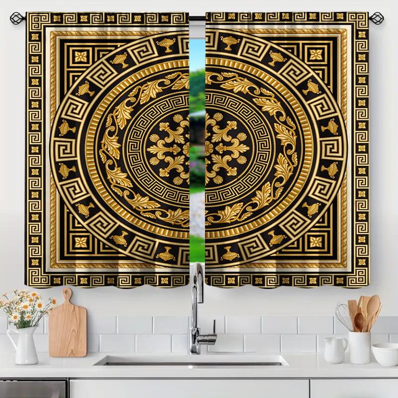 2PC Black Gold Greek Curtains, Elegant Thermal Drapes for Living Room & Bedroom, Luxury Window Panels Home Decor