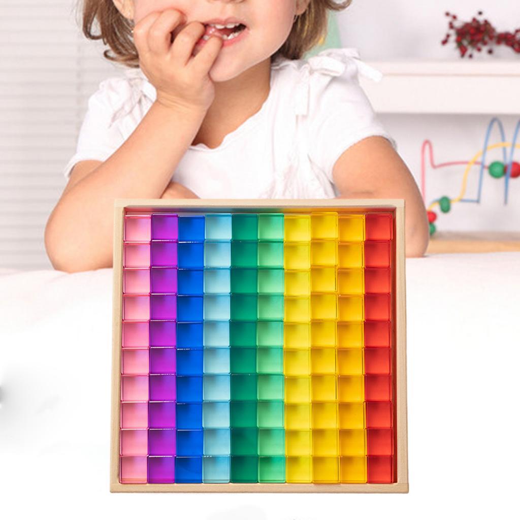 100 Pieces Rainbow Building Blocks Acrylic Gemstone Cubes Stacking Game Toy with Wooden Storage Box