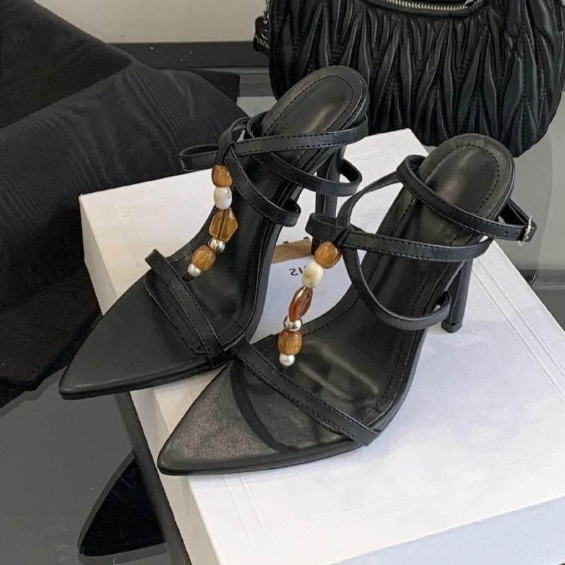 

Fashion Elegant String Bead Ankle Strap Buckle Heeled Sandals Women Fashion Pointed Toe Party Dress Shoes Luxury Brand Designer Sandals 35 чёрный