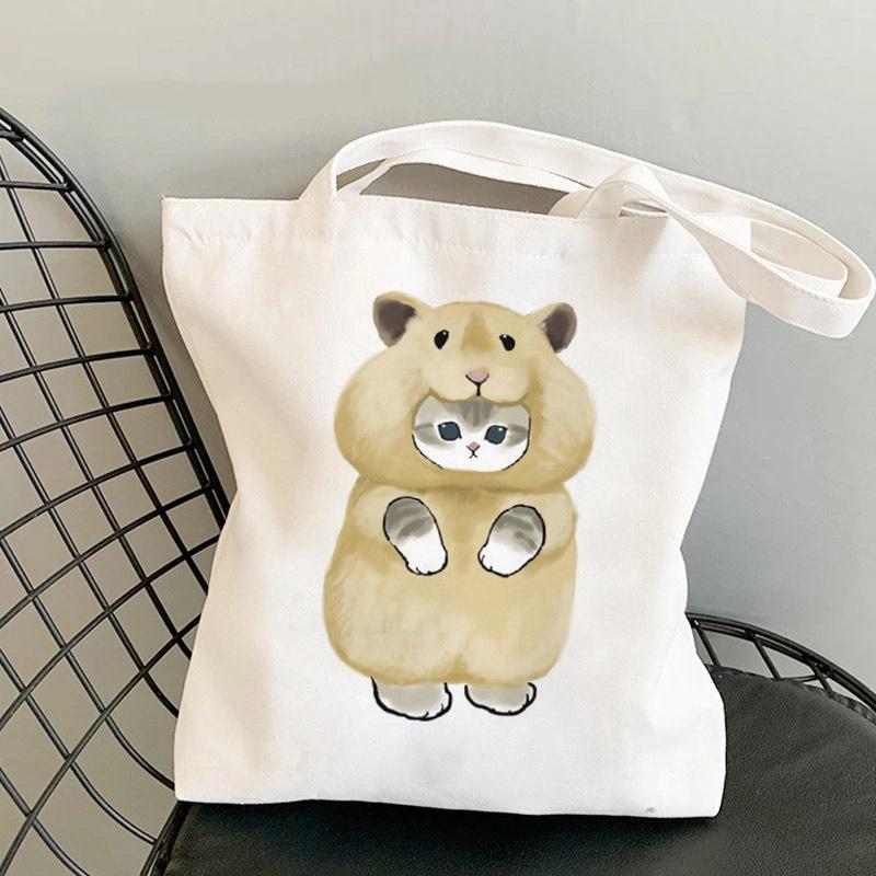 Whimsical Cat On Bicycle Canvas Shoulder Tote - Cute Print for Students and Shopping