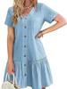 Abito estivo corto casual in cotone e lino per donna, scollo a V, ruches, manica corta, abito corto, moda da donna, abiti larghi con bottoni