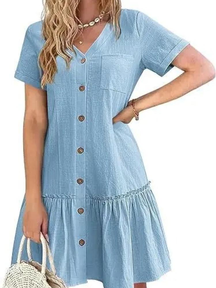 Abito estivo corto casual in cotone e lino per donna, scollo a V, ruches, manica corta, abito corto, moda da donna, abiti larghi con bottoni