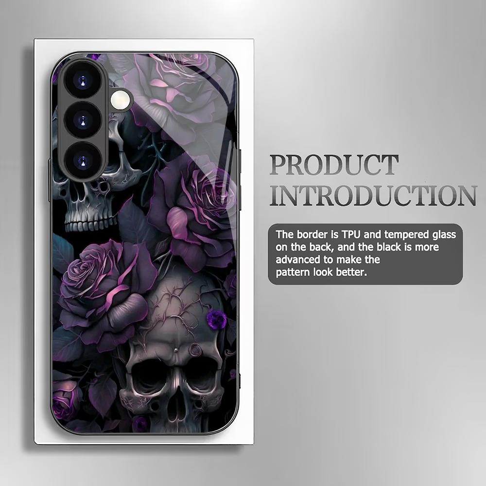 Flower and Skull Pattern Glass Phone Case Suitable for Samsung Galaxy S26 S25 S24 S22 S21 S20FE Ultra Plus5GAnti Drop Back Cover