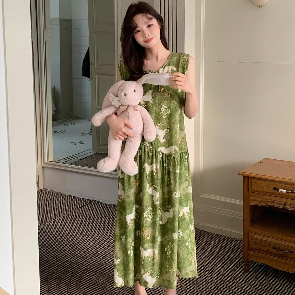 New Chinese sleeveless nightdress women's summer plant flower green cotton silk skirt high-end loungewear national style long skirt thin