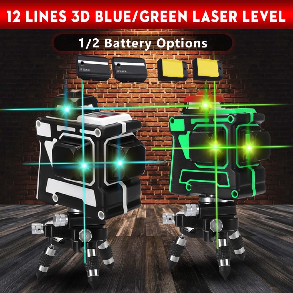 3D 12 Line Laser Level Blue Green Light 360 Degree Rotation Auto Leveling Horizontal Vertical Laser Beam with 2 Battery