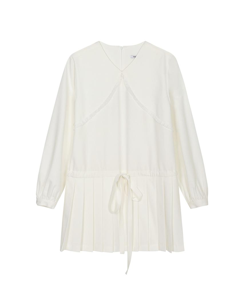 Three To Eighty Pleats Ribbon Dress White