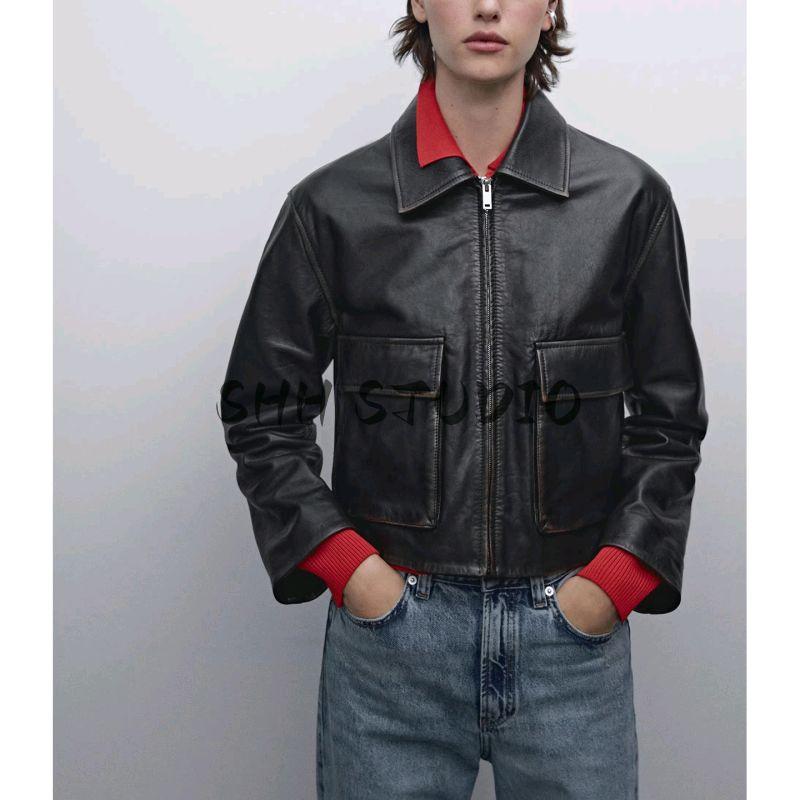 MD New Fall Women's Clothing French Minimalist Pocket Decoration Poly Urethane Leather Leather Short Outwear 4715935