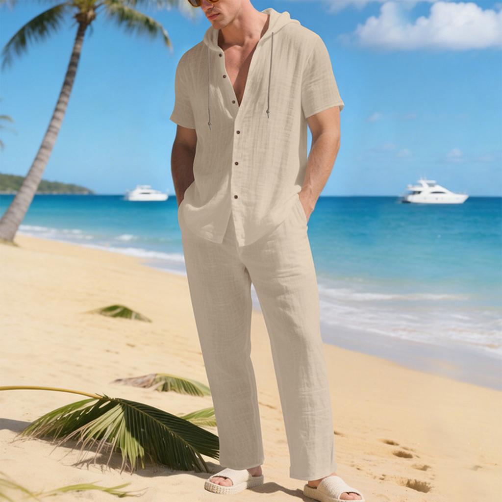 Men'S Color Casual Short Sleeved Pants Two,Piece Fashionable Set