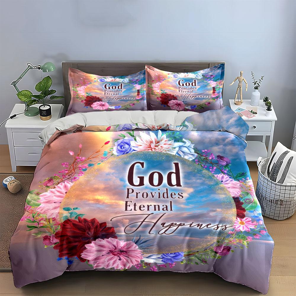 Floral Themed Religious Inspirational Set Kid'S And Adults' Bedroom Decor, Exquisite Three-Piece Bedding Set Gift