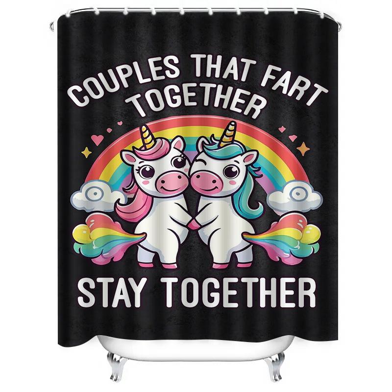 Adorable Unicorn Shower Curtain Set Funny Bathroom Decor For Couples Who Love Farting Together Stay Together Easy Installation H
