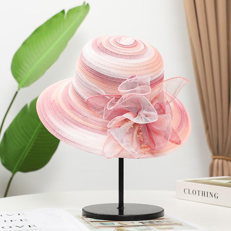 Hat female summer middle-aged and old eaves organza flower cool hat foldable sunshade sunscreen mother sun basin hat