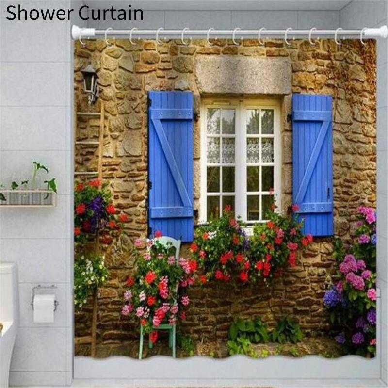 Polyester Printed Bathroom Shower Curtain With Modern Window Design