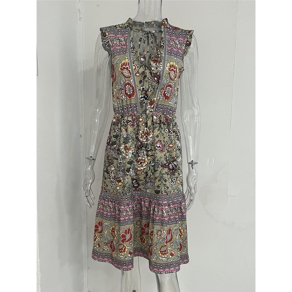 Women's Ethnic Style Printed Dress Elegant Sleeveless V-neck Knee-length Dress
